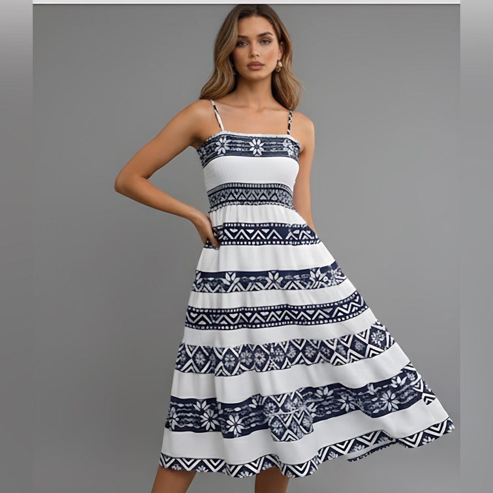 Boho Geo Print Ruffle Hem Cami Dress White/Blue - Picture 1 of 9